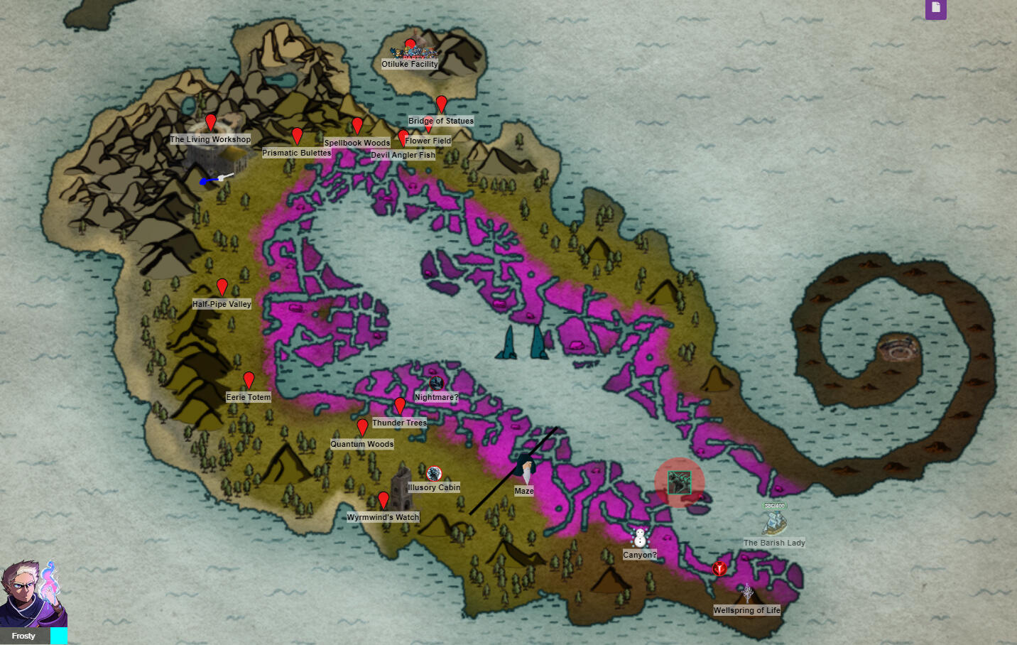 (Graphic-LivingWorkshop) Partially discovered region map of a chaotic D&D island on Roll20